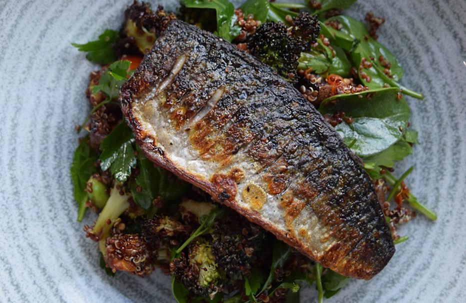 Blackened mackeral with red quinoa, roast broccoli, sweet potato and edamame