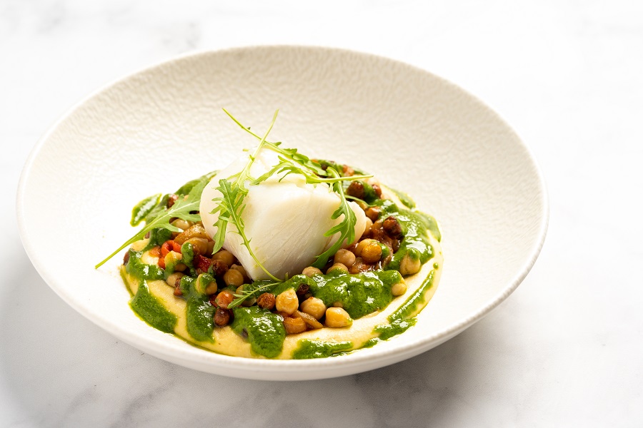 Roasted cod with chickpea, pipperade and rocket pesto