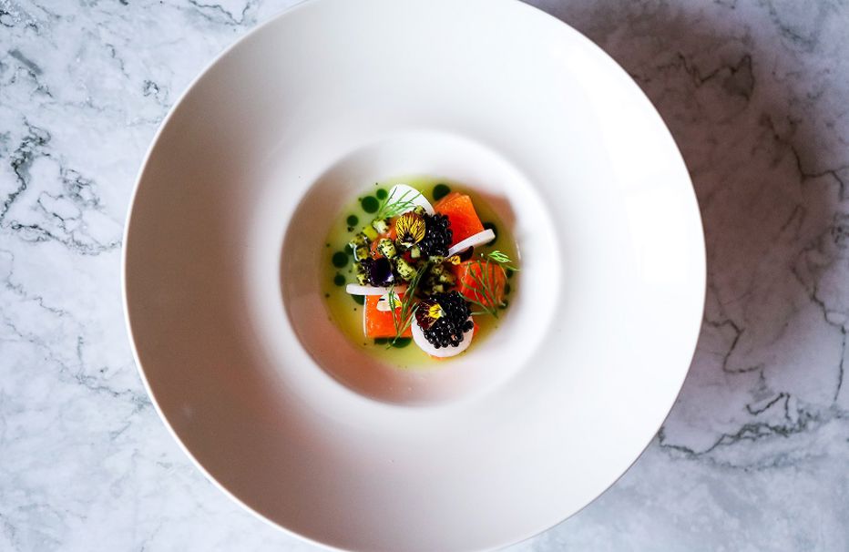Lime cured trout, caviar, kohlrabi, apple and dill