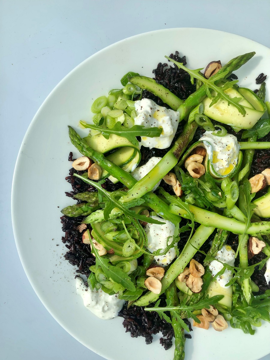 Asparagus and baby courgettes with venus black rice, toasted hazelnuts and burrata
