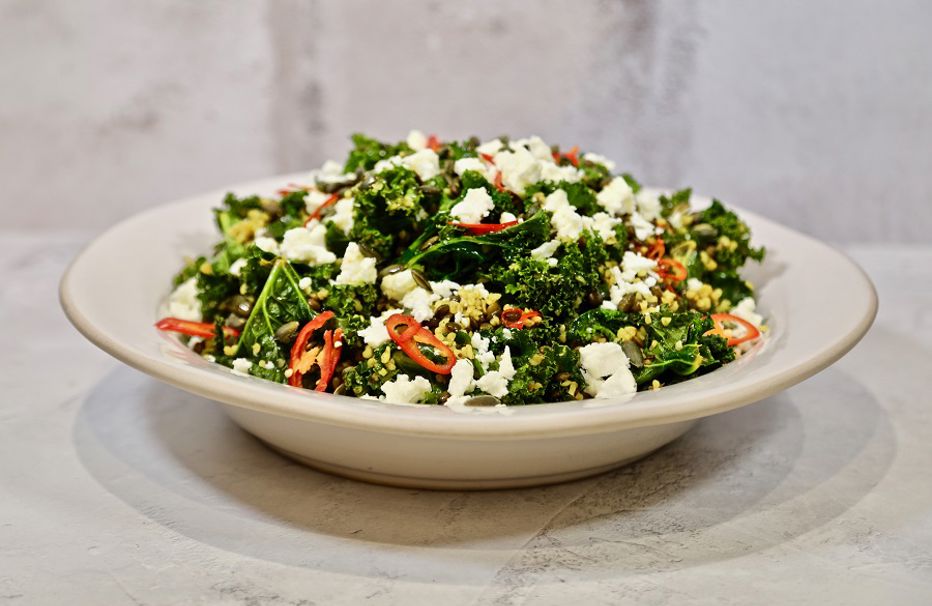 Warm salad of spiced kale, bulgar wheat and puy lentils