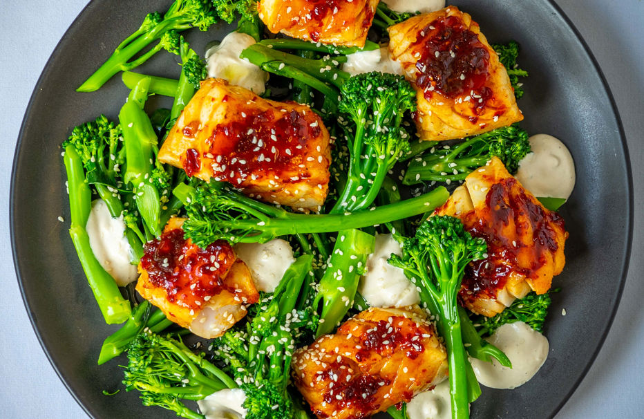 Harissa cod with tahini sauce