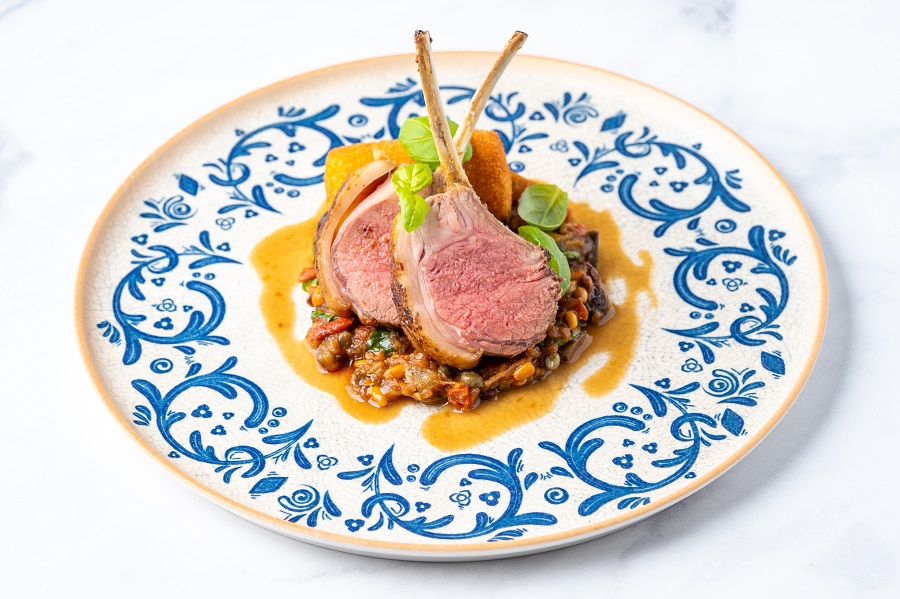 Roast lamb rack, shoulder croquette, caponata