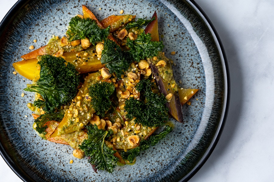 Roasted carrots, Cafe de Paris butter, hazelnut dukkah, crispy kale