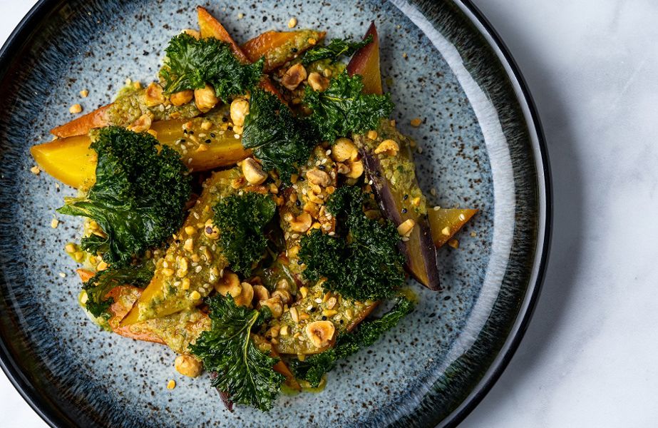 Roasted carrots, Cafe de Paris butter, hazelnut dukkah, crispy kale
