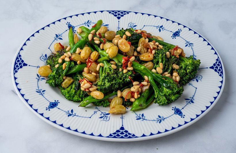 Grilled broccoli, golden raisins, pine nuts and chilli oil