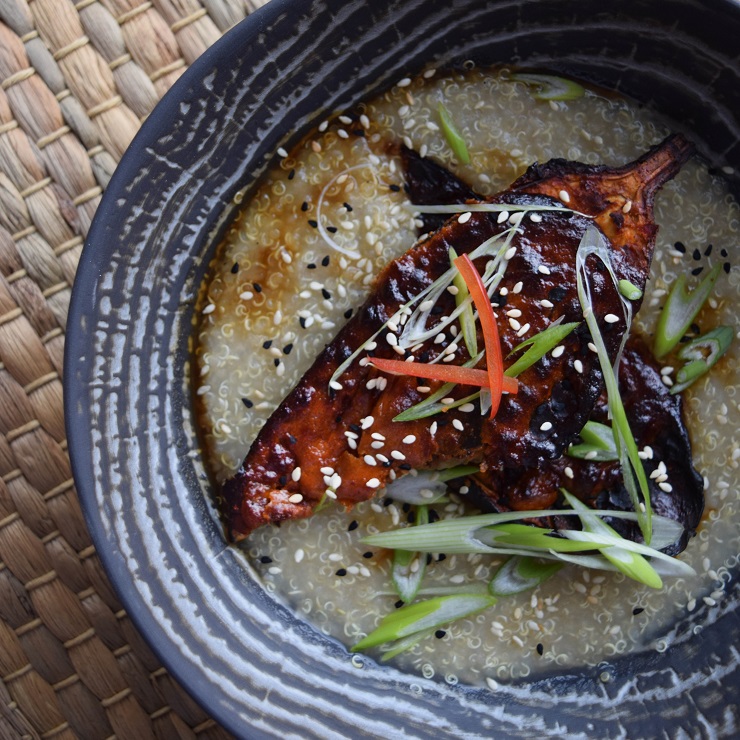 Miso-roasted aubergine with quinoa congee and spring onion