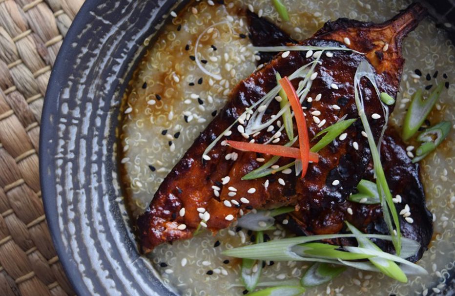 Miso-roasted aubergine with quinoa congee and spring onion