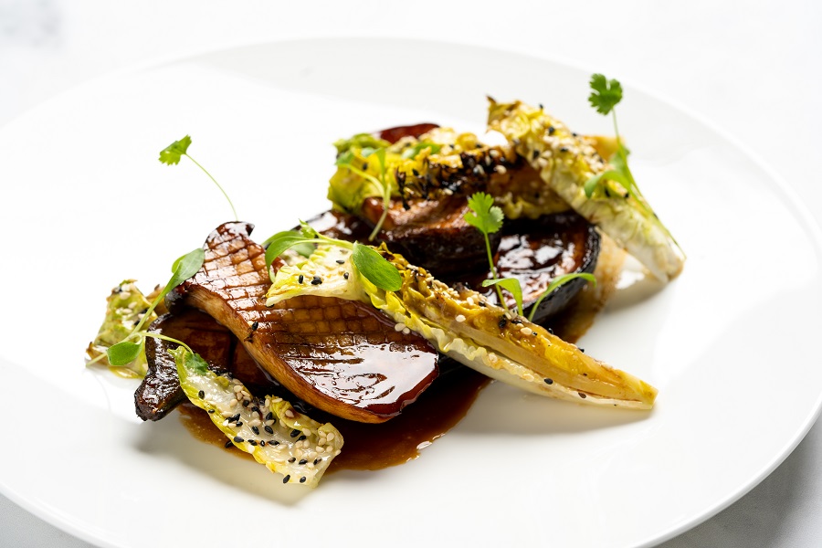 Glazed aubergine with grilled baby gem and roasted king oyster mushrooms