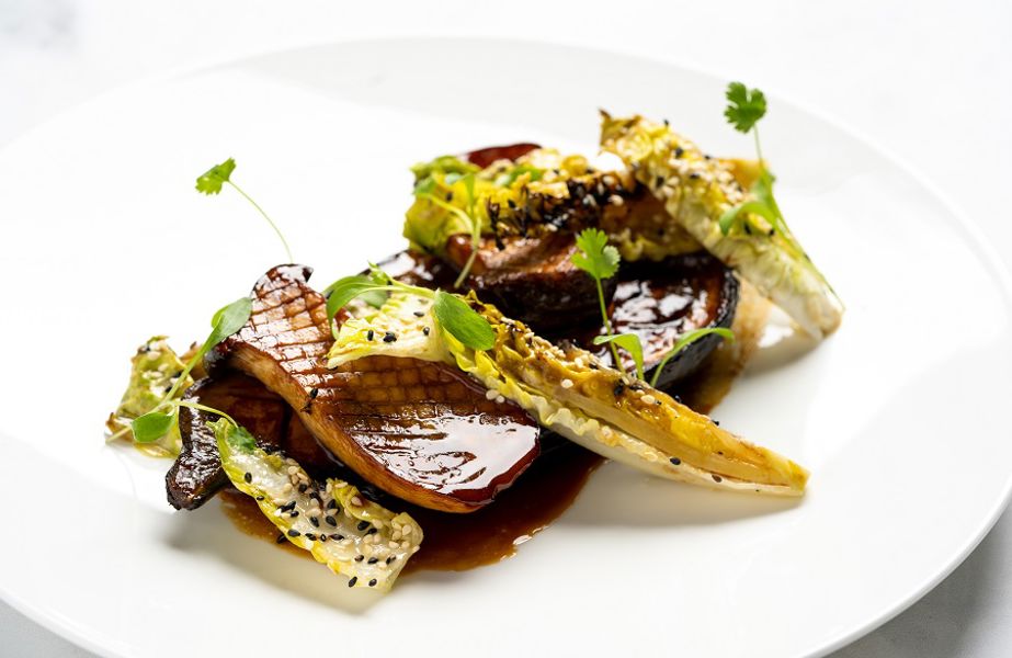 Glazed aubergine with grilled baby gem and roasted king oyster mushrooms