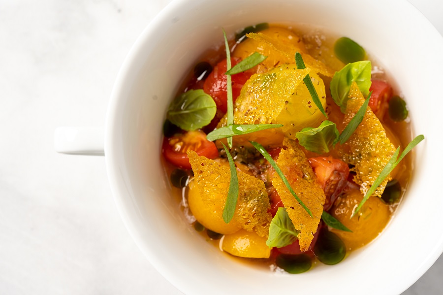 Cherry tomato, goats’ cheese mousse, sourdough crouton and lovage