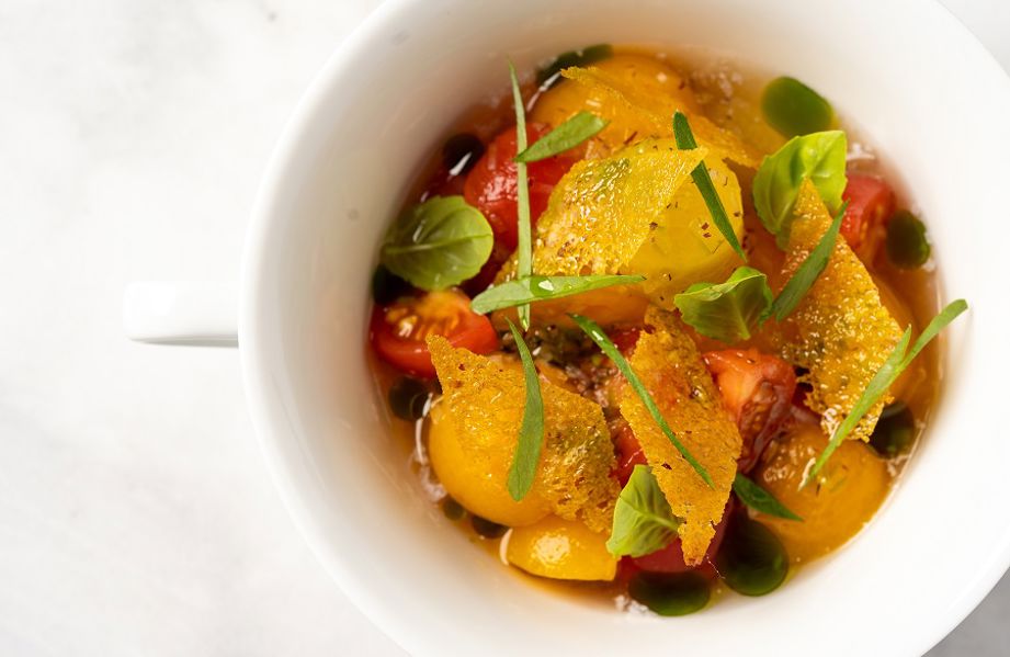 Cherry tomato, goats’ cheese mousse, sourdough crouton and lovage