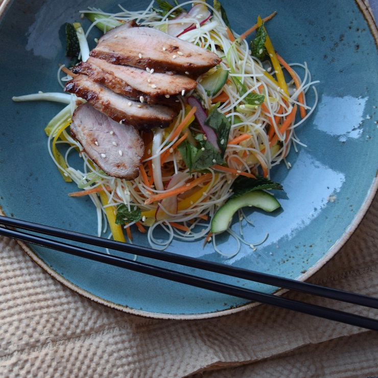 Char siu pork with thai basil and mint rice noodle salad