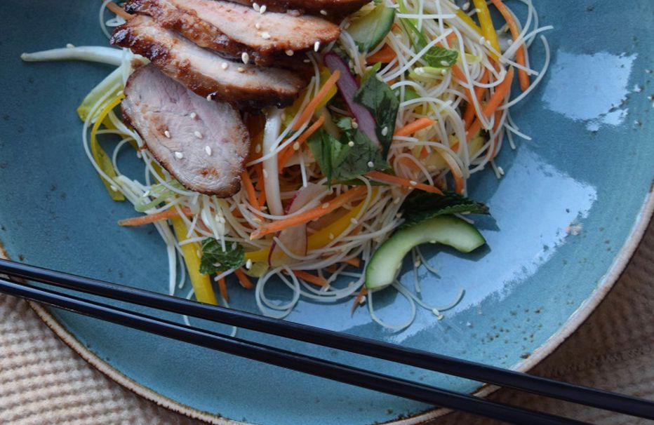 Char siu pork with thai basil and mint rice noodle salad