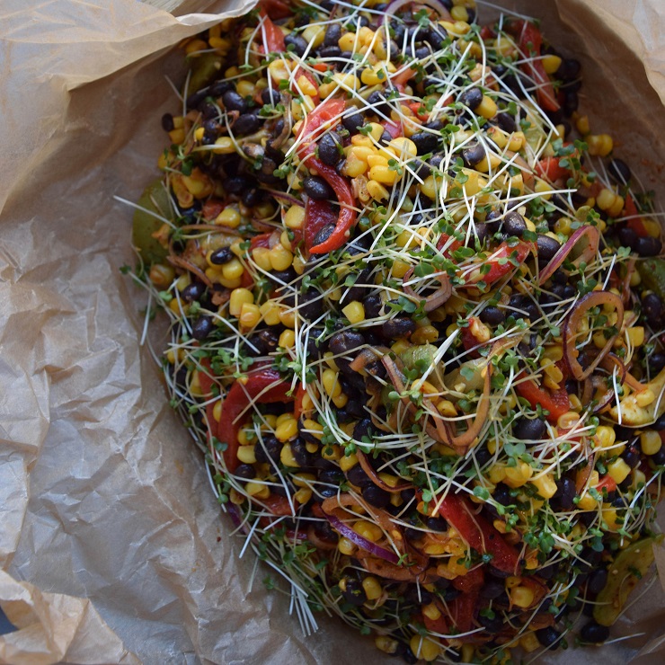 Sweetcorn, blackened pepper, black bean and avocado salad