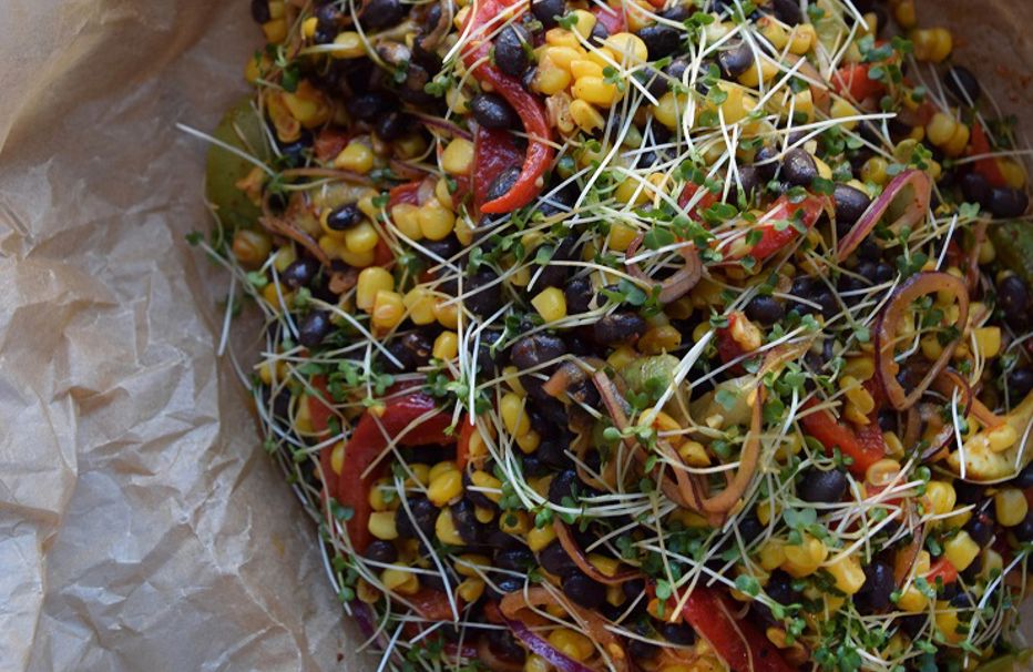 Sweetcorn, blackened pepper, black bean and avocado salad